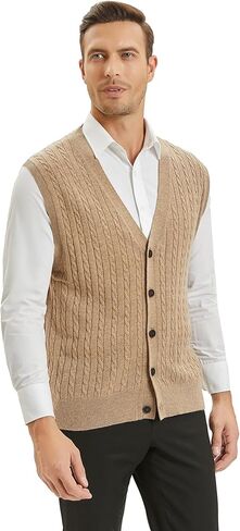 Kallspin Men's Cable Knit Sweater Vest Wool Blend V Neck Button Down Sleeveless Cardigan in Saudi Arabia