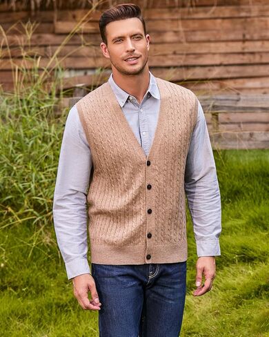 Kallspin Men's Cable Knit Sweater Vest Wool Blend V Neck Button Down Sleeveless Cardigan in Saudi Arabia