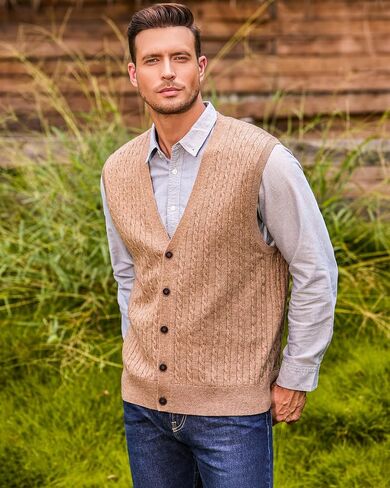 Kallspin Men's Cable Knit Sweater Vest Wool Blend V Neck Button Down Sleeveless Cardigan in Saudi Arabia
