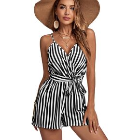 LYANER Women's Striped Wrap V Neck Tie Waist Sleeveless Spaghetti Straps Romper Short Jumpsuit