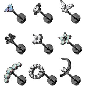 Florideco 9Pcs 16G Cartilage Stud Earring for Women 316L Stainless Steel Screw Flat Back Earrings Butterfly Moon Flower Crawler Helix Tragus Daith Piercing Earrings Cute CZ Opal Cartilage Piercing Jewelry