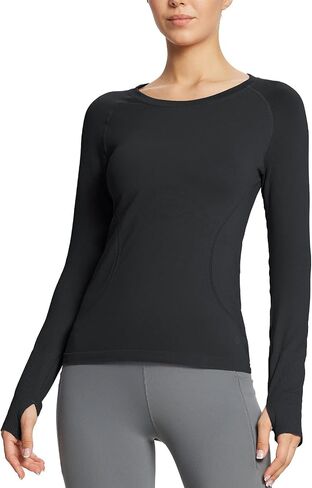 BALEAF Women's Long Sleeve Workout Athletic Seamless Shirts Tight Yoga Running Gym Fitted Tops with Thumb Holes in Saudi Arabia