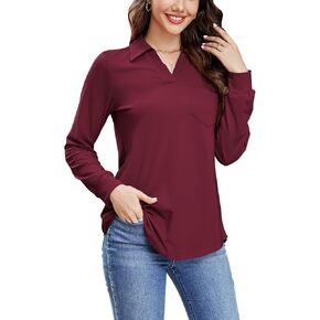 Newchoice Womens Collared V Neck Long Sleeve Shirts Business Casual Work Tops Dressy Loose Tunic Blouses (S-3XL)