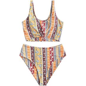 ZAFUL Women's Knot Scoop Neck Bikini Set Ruched High Waisted Two Piece Swimsuits Tankini in Kuwait