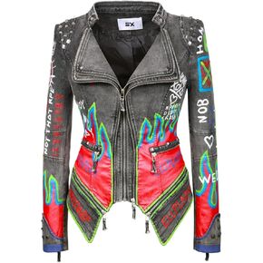 Fashion SX Women's hand-painted pattern fashion studs perfect shaping bicycle jacket motorcycle denim zipper jacket
