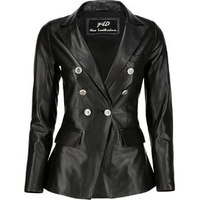 Double Breasted Fancy Buttons Lambskin Leather Blazer Women - Kim Kardashian Long Sleeve Coat Style Leather Jacket Women