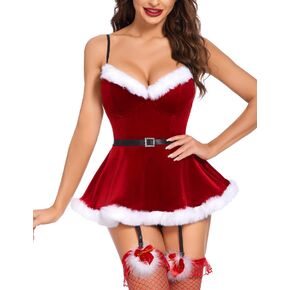 Avidlove Christmas Lingerie for Women Sexy Santa Babydoll V Neck Velvet Lingerie with Cute Corset