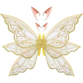 Sratte Fairy Wings with Elf Ears for Girls Gold Butterfly Wings for Women Halloween Fairy Costume Angel Wings for Adults Kids Fairy Accessories Halloween Dress Up Party Favor in Saudi Arabia