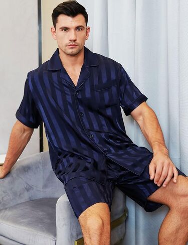طقم بيجامة رجالي قصير من الساتان ملابس نوم S ~ 4XL in Saudi Arabia