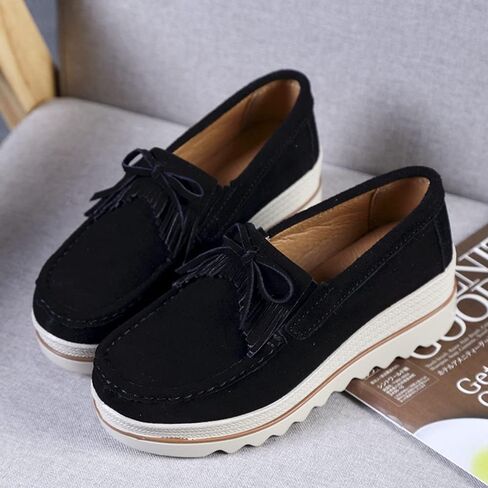 YING LAN Women's Suede Platform Wedge Slip On Loafers Shoes | Breathable lining, Memory foam insole, Lightweight outsole, Arch support, Moccasins toe, Office casual everyday wear in Saudi Arabia