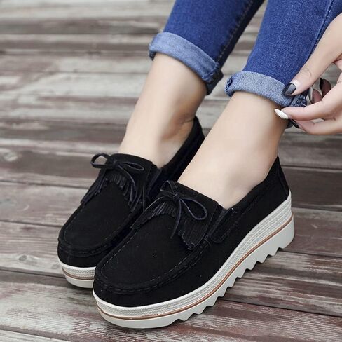 YING LAN Women's Suede Platform Wedge Slip On Loafers Shoes | Breathable lining, Memory foam insole, Lightweight outsole, Arch support, Moccasins toe, Office casual everyday wear in Saudi Arabia