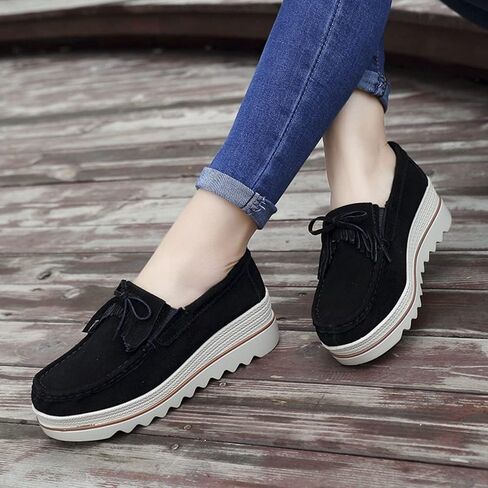 YING LAN Women's Suede Platform Wedge Slip On Loafers Shoes | Breathable lining, Memory foam insole, Lightweight outsole, Arch support, Moccasins toe, Office casual everyday wear in Saudi Arabia