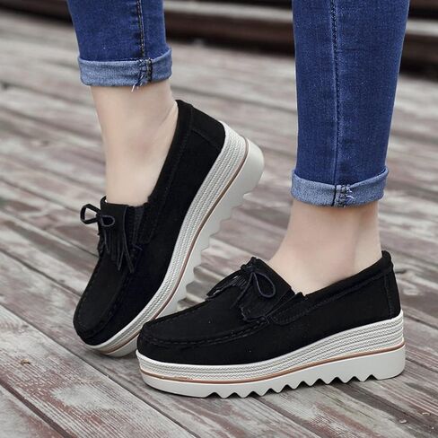 YING LAN Women's Suede Platform Wedge Slip On Loafers Shoes | Breathable lining, Memory foam insole, Lightweight outsole, Arch support, Moccasins toe, Office casual everyday wear in Saudi Arabia