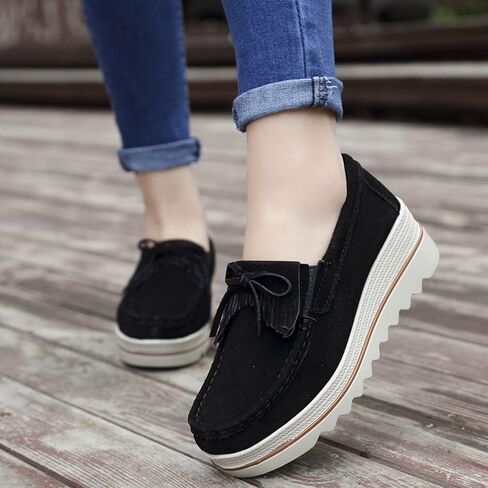 YING LAN Women's Suede Platform Wedge Slip On Loafers Shoes | Breathable lining, Memory foam insole, Lightweight outsole, Arch support, Moccasins toe, Office casual everyday wear in Saudi Arabia