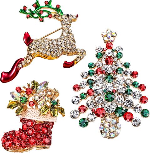 Boao Rhinestone Crystal Christmas Brooch, Christmas Brooch Pins for Christmas Day or Party Celebration, 3 Pieces (Christmas Reindeer, Christmas Tree and Boots Shapes) in Saudi Arabia