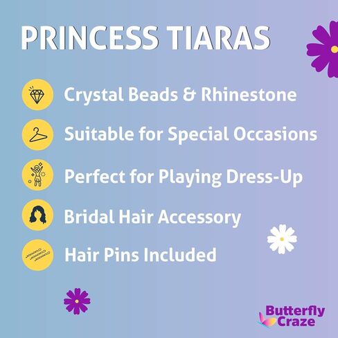 Butterfly Craze Princess Crown Comb Mini Tiara for Kids - Set of 2, Ideal for Wedding Flower Girls, Bridesmaids & Even For Brides, Also Perfect For Birthday Parties, Dress Up, And Pretend Plays in Kuwait