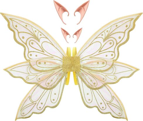 Sratte Fairy Wings with Elf Ears for Girls Gold Butterfly Wings for Women Halloween Fairy Costume Angel Wings for Adults Kids Fairy Accessories Halloween Dress Up Party Favor in Saudi Arabia
