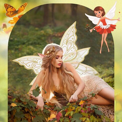 Sratte Fairy Wings with Elf Ears for Girls Gold Butterfly Wings for Women Halloween Fairy Costume Angel Wings for Adults Kids Fairy Accessories Halloween Dress Up Party Favor in Saudi Arabia
