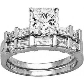 طقم زفاف من الذهب الأبيض عيار 14 قيراط 3.25 قيراط من LAB GROWN DIAMOND، خاتم خطوبة من الألماس على شكل وسادة مستديرة ومقطع الرغيف الفرنسي (لون E-F VS2-SI1 وضوح 2.5 قيراط مركزي)