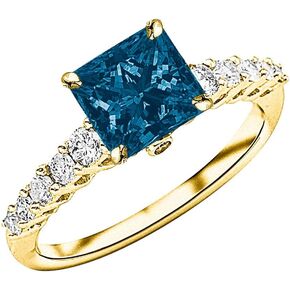 0.95 Carat t.w 14K White Gold Classic Prong Set Side Stone Diamond Engagement Ring w/a 0.5 Carat Princess Cut Blue Diamond Heirloom Quality