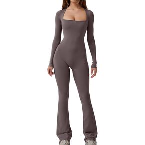 QINSEN Long Sleeve Jumpsuits for Women Square Neck Wide Leg Full Length Romper Playsuit
