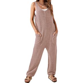 WIHOLL Womens Casual Loose Knit Jumpsuits Sleeveless V Neck Romper with Pocket and Long Pants Overalls for All Seasons