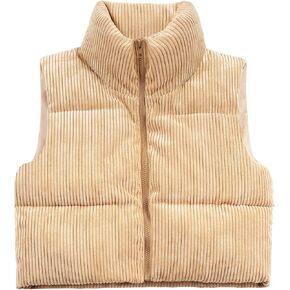 WUEAOA Women's Cropped Puffer Vest Winter Sleeveless Warm Outerwear Vests Lightweight Corduroy Coat with Invisible Pockets