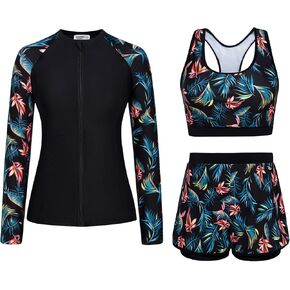 JASAMBAC Women's 3 Piece Rash Guard Long Sleeve Swimsuits with Boyshorts Zip Up UPF 50+ Swim Shirt Built in Bra