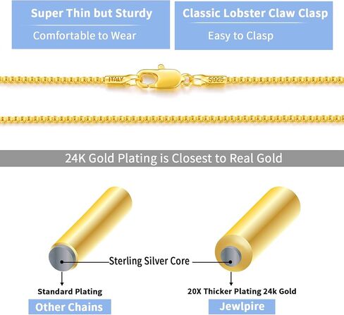 Jewlpire 14-26 بوصة إيطالية 1.3 مم فائقة الفخامة 24 قيراط من الذهب أكثر من 925 من الفضة الإسترلينية سلسلة قلادة للنساء الفتيات، قلادة بديلة لا تسبب الحساسية رقيقة وقوية سلسلة نسائية in Kuwait