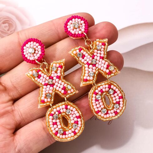 Valentine’s Day Earrings Beaded Heart Drop Earrings Edged in gold beading Fashion Trendy Big Love Dangle Earrings for Women Girls Statement Jewelry in Saudi Arabia