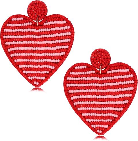 Valentine’s Day Earrings Beaded Heart Drop Earrings Edged in gold beading Fashion Trendy Big Love Dangle Earrings for Women Girls Statement Jewelry in Saudi Arabia