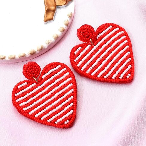 Valentine’s Day Earrings Beaded Heart Drop Earrings Edged in gold beading Fashion Trendy Big Love Dangle Earrings for Women Girls Statement Jewelry in Saudi Arabia