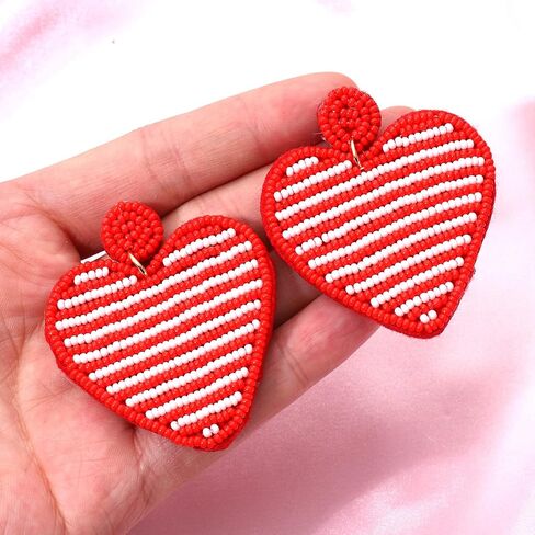 Valentine’s Day Earrings Beaded Heart Drop Earrings Edged in gold beading Fashion Trendy Big Love Dangle Earrings for Women Girls Statement Jewelry in Saudi Arabia