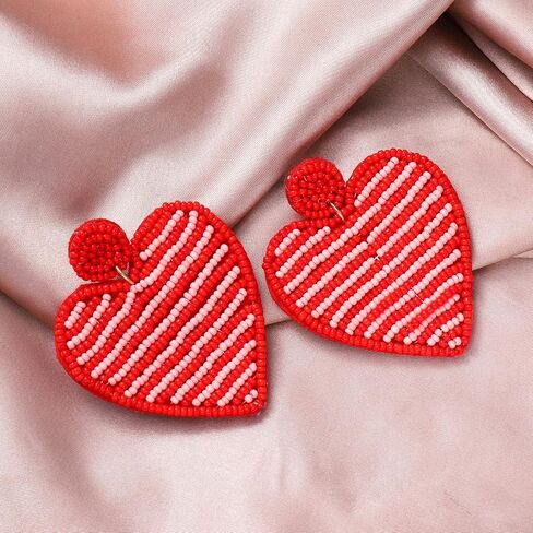 Valentine’s Day Earrings Beaded Heart Drop Earrings Edged in gold beading Fashion Trendy Big Love Dangle Earrings for Women Girls Statement Jewelry in Saudi Arabia