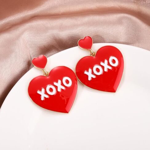 Valentine’s Day Earrings Beaded Heart Drop Earrings Edged in gold beading Fashion Trendy Big Love Dangle Earrings for Women Girls Statement Jewelry in Saudi Arabia