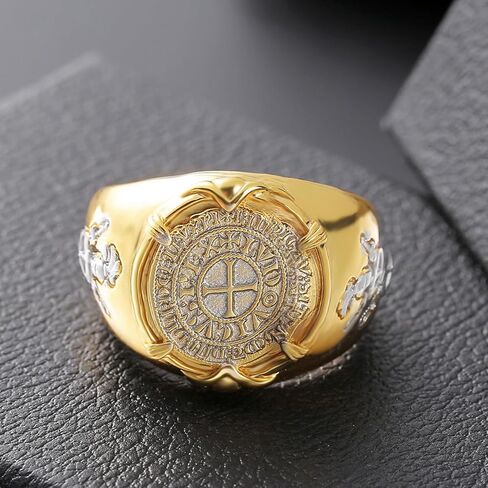 الصليبي المحارب خاتم الخاتم للرجال الأولاد، خمر 14K مطلية بالذهب فارس تمبلر الدائري القرون الوسطى السيف درع خاتم ميدالية تذكارية، المسيحية كول الكاثوليكية كولومبوس الجيش الدائري الهيب هوب مجوهرات للرجال in Kuwait