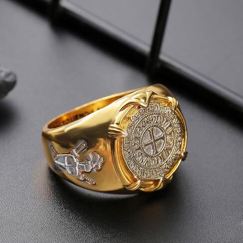 الصليبي المحارب خاتم الخاتم للرجال الأولاد، خمر 14K مطلية بالذهب فارس تمبلر الدائري القرون الوسطى السيف درع خاتم ميدالية تذكارية، المسيحية كول الكاثوليكية كولومبوس الجيش الدائري الهيب هوب مجوهرات للرجال in Kuwait