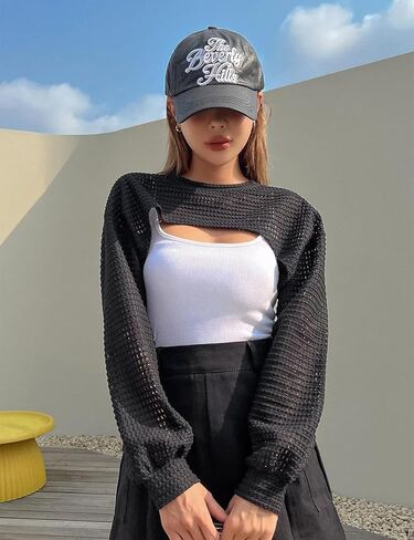 سترة نسائية محبوكة من SECRETEYARD بأكمام طويلة مجوفة وتتغاضى عن سترة Y2K متماسكة للتغطية in Kuwait