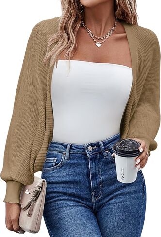 HOTOUCH Women's Cardigan Shrugs Long Batwing Sleeve Knitted Cropped Bolero Open Front Casual Elegant Cardigans for Dresses in Saudi Arabia