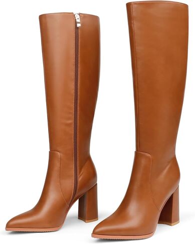 Women's Knee High Boots Pointed Toe Chunky Block Heel Gogo Boots | Smooth Faux Leather, Side Zipper, Fashion Dress Boots, Fall Winter Tall Boots in Saudi Arabia