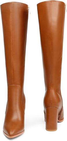 Women's Knee High Boots Pointed Toe Chunky Block Heel Gogo Boots | Smooth Faux Leather, Side Zipper, Fashion Dress Boots, Fall Winter Tall Boots in Saudi Arabia