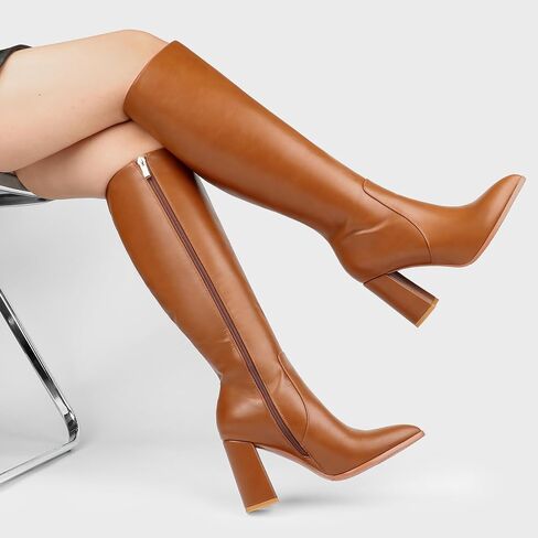 Women's Knee High Boots Pointed Toe Chunky Block Heel Gogo Boots | Smooth Faux Leather, Side Zipper, Fashion Dress Boots, Fall Winter Tall Boots in Saudi Arabia