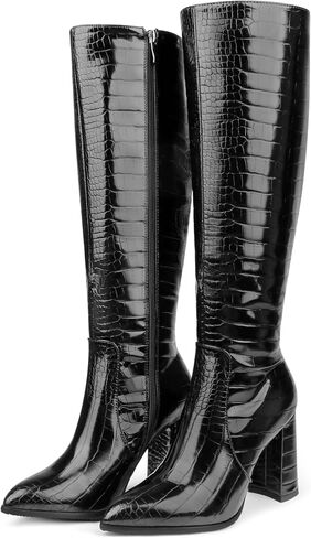 Women's Knee High Boots Pointed Toe Chunky Block Heel Gogo Boots | Smooth Faux Leather, Side Zipper, Fashion Dress Boots, Fall Winter Tall Boots in Saudi Arabia