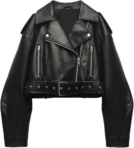 LY VAREY LIN Women Faux Leather Cropped Jacket Lapel Zipper Biker Short Coat with Belt in Saudi Arabia