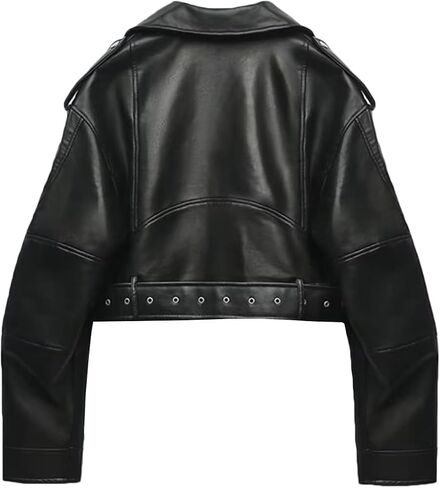 LY VAREY LIN Women Faux Leather Cropped Jacket Lapel Zipper Biker Short Coat with Belt in Saudi Arabia