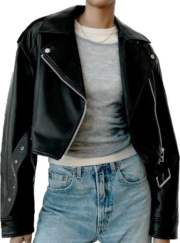 LY VAREY LIN Women Faux Leather Cropped Jacket Lapel Zipper Biker Short Coat with Belt in Saudi Arabia