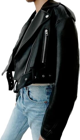 LY VAREY LIN Women Faux Leather Cropped Jacket Lapel Zipper Biker Short Coat with Belt in Saudi Arabia