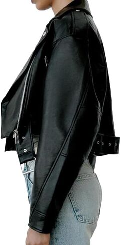 LY VAREY LIN Women Faux Leather Cropped Jacket Lapel Zipper Biker Short Coat with Belt in Saudi Arabia