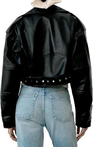 LY VAREY LIN Women Faux Leather Cropped Jacket Lapel Zipper Biker Short Coat with Belt in Saudi Arabia