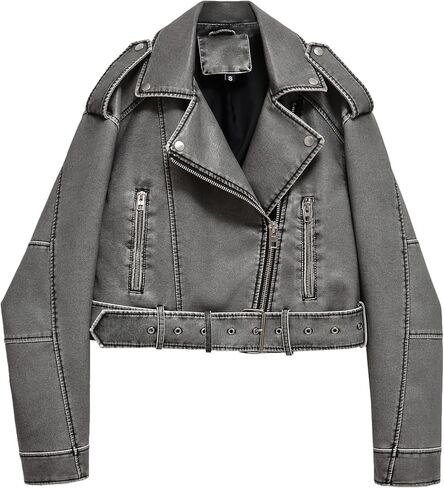 LY VAREY LIN Women Faux Leather Cropped Jacket Lapel Zipper Biker Short Coat with Belt in Saudi Arabia